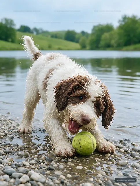 Puppy playing with a ball in shallow lake water