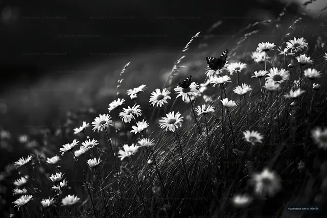 Butterflies on daisies in a black and white field