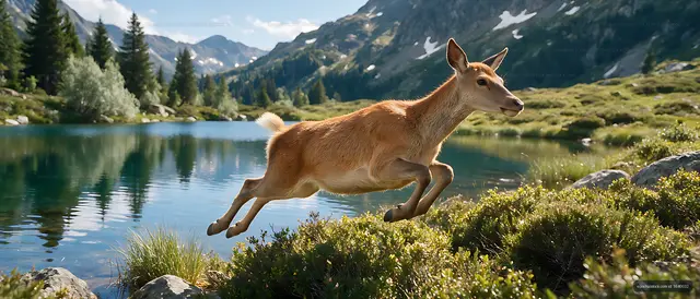 Wild deer jumping by a scenic alpine lake