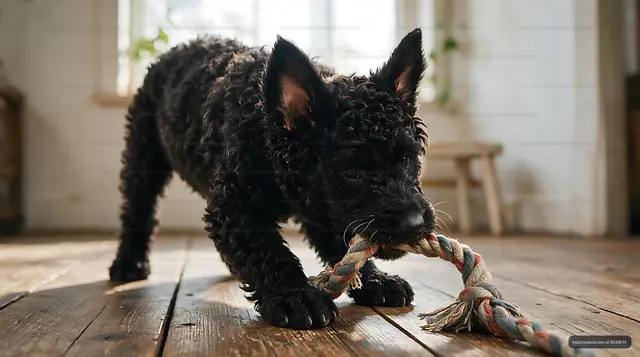 Black puppy playing with rope toy on wooden floor