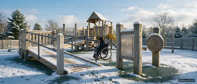 Child using wheelchair on a snowy inclusive playground