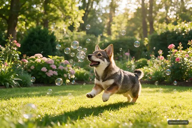 Rare Puppy Playing With Bubbles in a Flower Garden