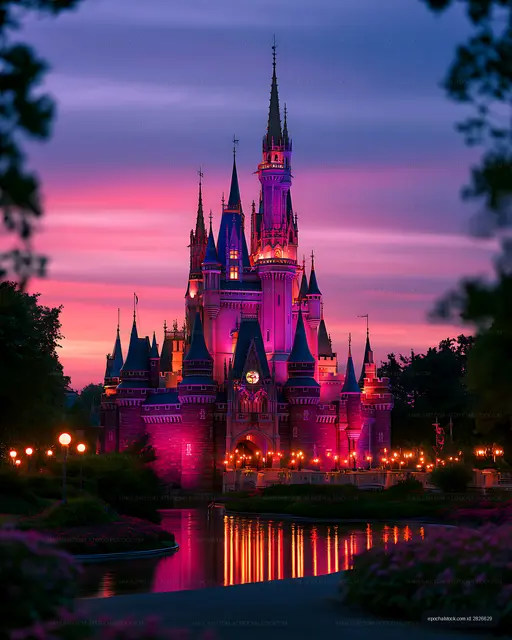 Fantasy-style illuminated castle and water reflection at twilight