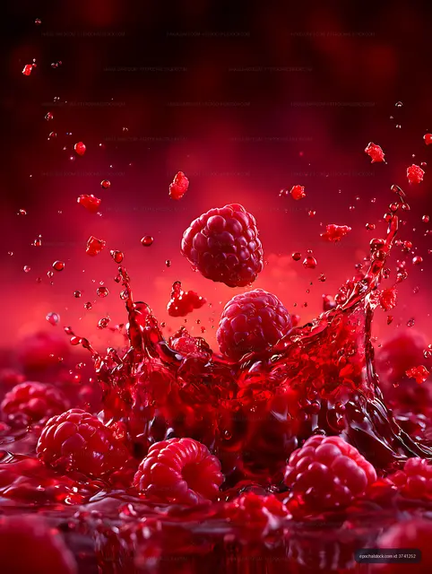 Close-up raspberries with dramatic red splash