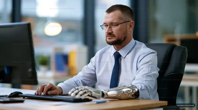 Professional man using a computer with robotic hand in foreground