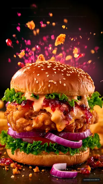 Crispy fried chicken burger with colorful toppings