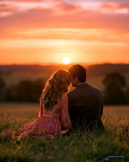 Two people embracing in a meadow during sunset