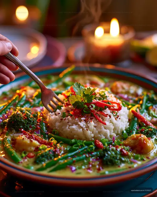 Seasoned rice and colorful vegetables in a candlelit setting