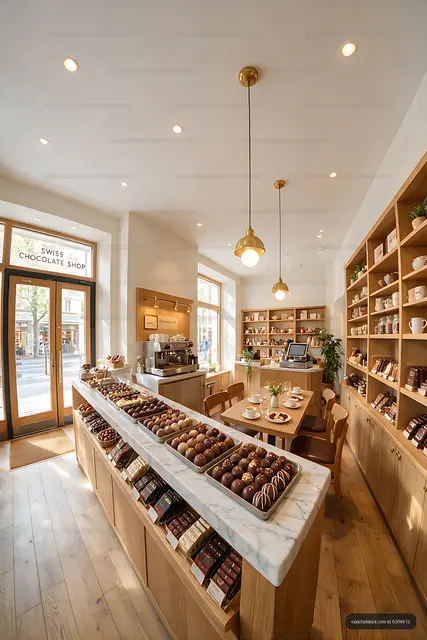 Warm Swiss Chocolate Shop Interior with Café Seating