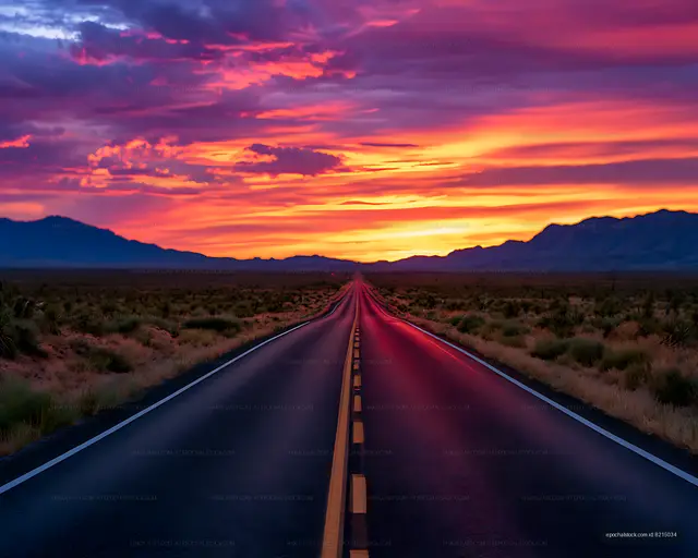 Straight road through desert beneath colorful sunset clouds