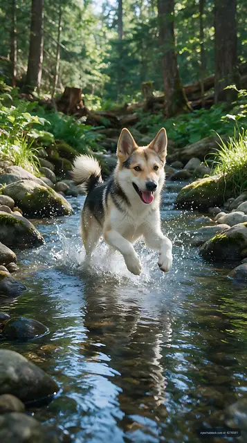 Happy puppy running through a sunlit forest stream