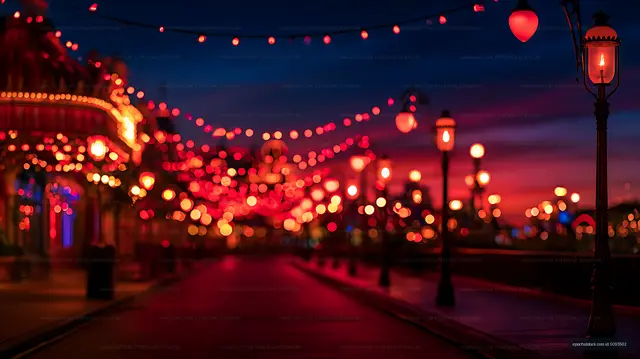 Romantic blurred promenade under glowing lights