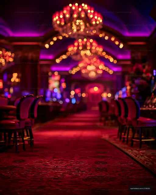Neon bokeh chandelier and red carpet in an empty venue
