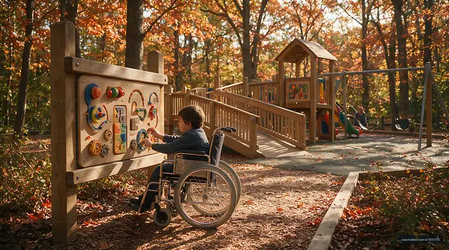 Child using wheelchair at an accessible autumn playground