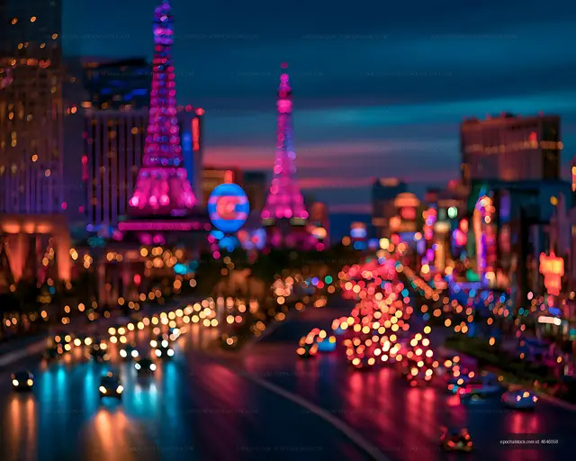 Vibrant blurred urban skyline and traffic at night