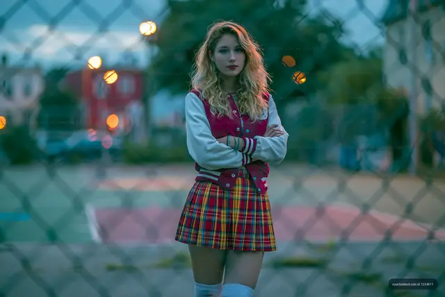 Confident young woman in plaid outfit outdoors