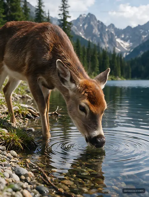 Wild deer drinking beside an alpine lake