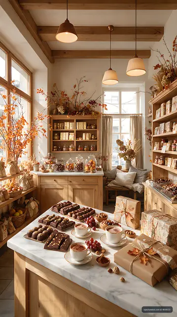 Cozy Swiss chocolate shop interior with elegant product display