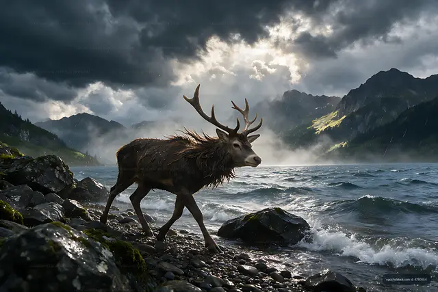 Antlered deer walking beside a mountain lake