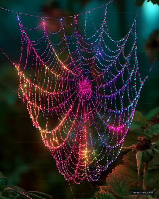Vibrant dew-covered spider web in glowing garden light