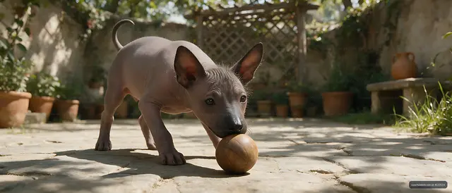 Playful hairless puppy holding a wooden ball