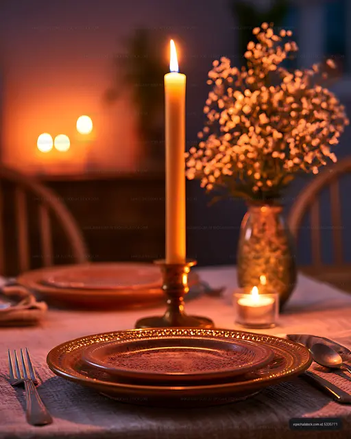 Atmospheric candlelit dinner setting with flowers