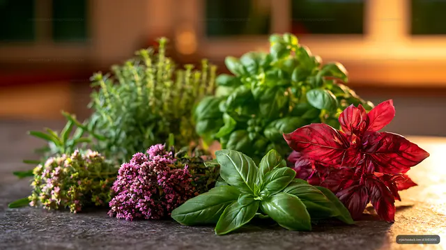 Botanical still life with herbs and colorful plants