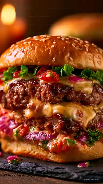 Loaded cheeseburger with sesame bun and melted cheese
