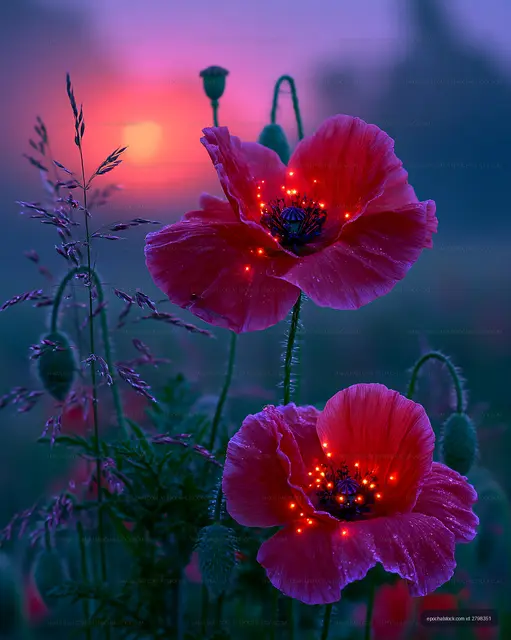 Poppies with glowing details at sunset in a field