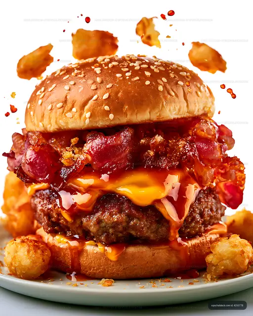 Close-up loaded cheeseburger with bacon and egg