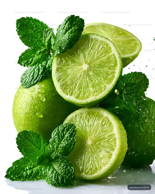 Close-up of sliced limes and mint leaves