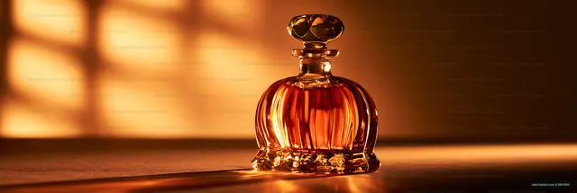 Ornate amber decanter on reflective surface