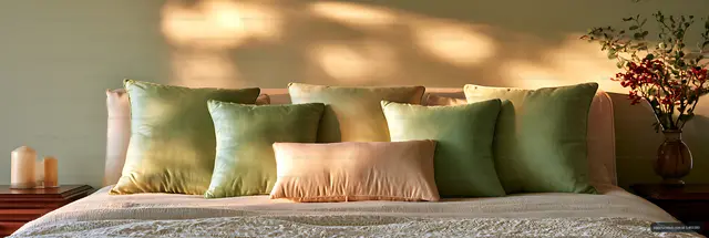 Pastel pillow arrangement on a bed in a warmly lit bedroom