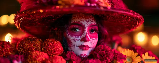Colorful sugar skull portrait with flowers and decorative hat
