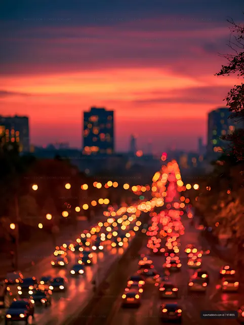 Colorful blurred city roadway under a dramatic sunset