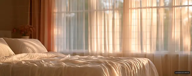 Cozy bedroom with sunlight through sheer curtains