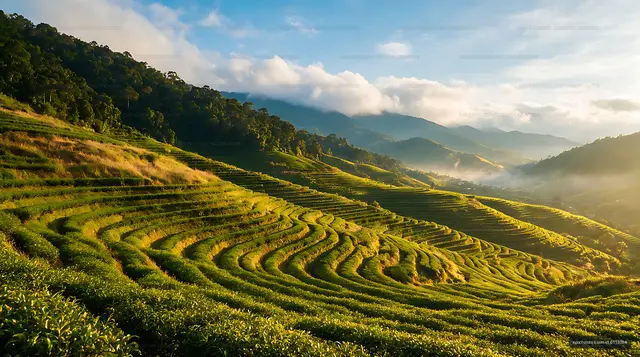 Green tea terraces across a misty mountain valley