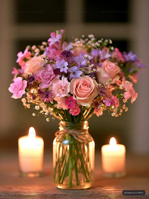 Pastel flower bouquet and candles on a table