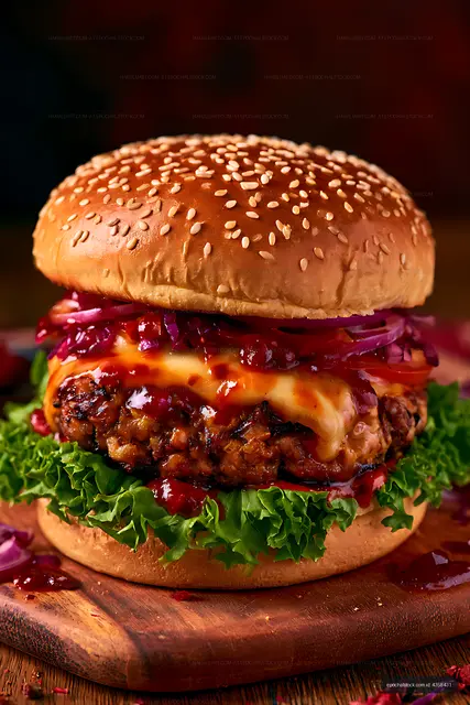 Close-up gourmet burger with sesame seeds and melted cheese