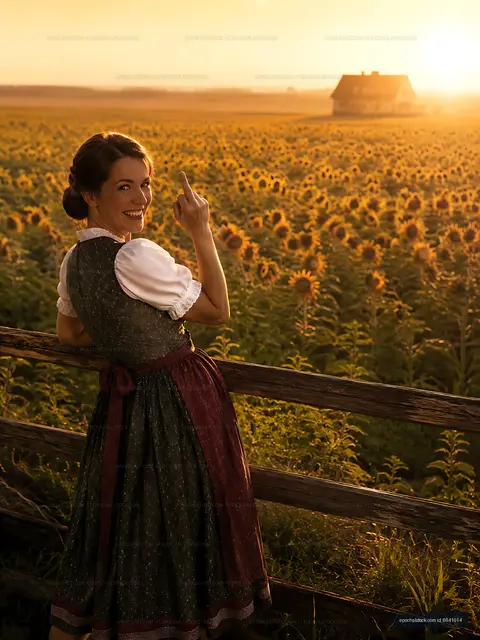 Woman in traditional dress stands in sunflower field at sunset
