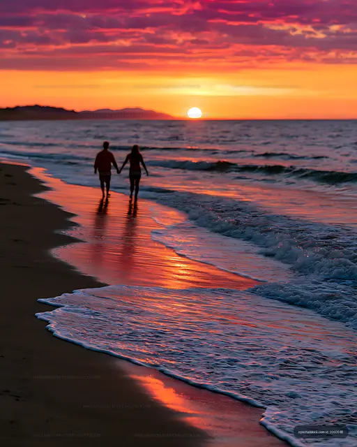 Silhouetted Couple by Ocean Waves at Sunset