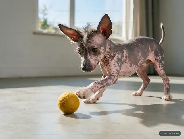 Spotted hairless puppy playing with a yellow ball