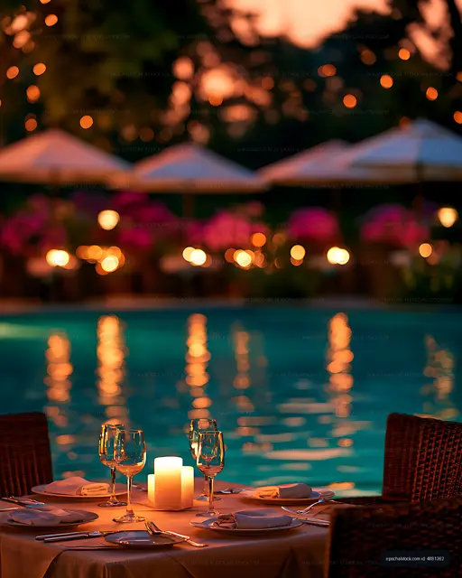 Romantic poolside dinner setting with glowing candle