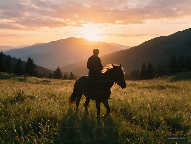 Silhouetted horseback rider in a mountain meadow at golden hour