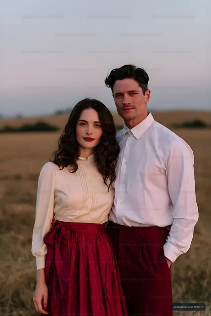 Man and woman standing together in an open field