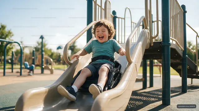 Happy child using an accessible playground slide