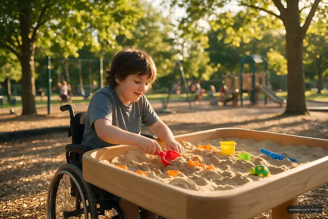 Wheelchair user playing in an accessible playground sandbox