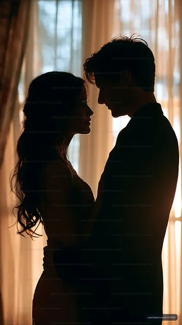 Romantic couple in silhouette near a sunlit window