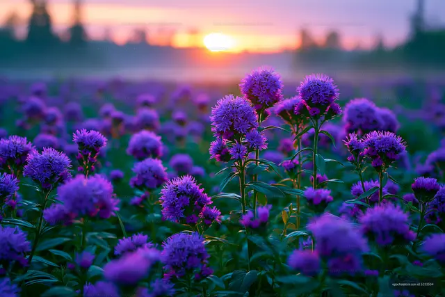 Purple flowers bloom at sunset in a field