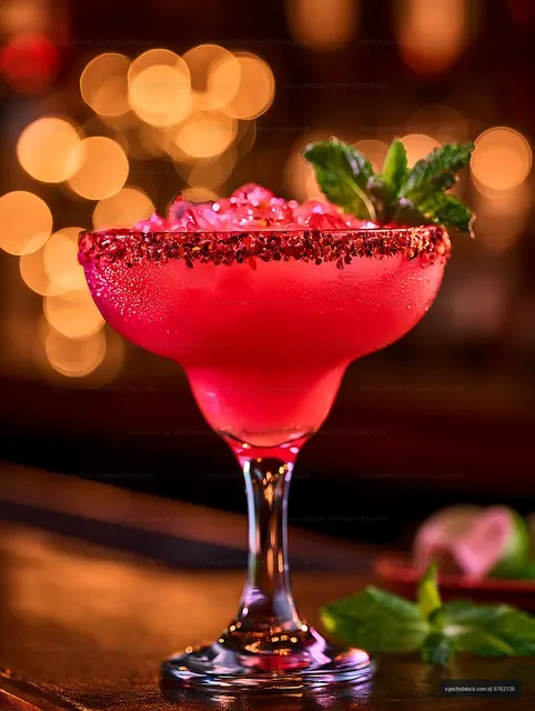 Red cocktail glass garnished with lime and fresh mint